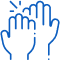 Three blue outlined hands with pointing fingers raised upward in collaborative gesture.