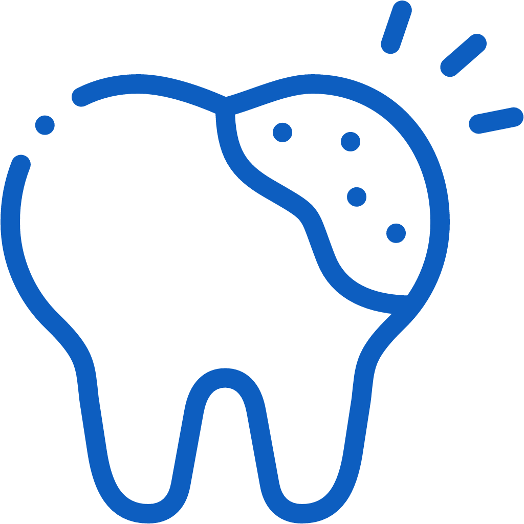Blue line drawing of a tooth with sun rays, representing dental care and brightness.