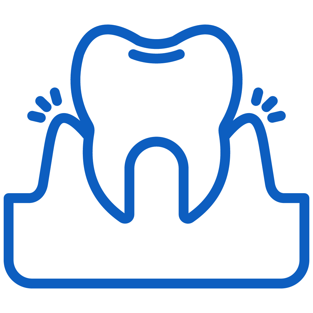 Blue outline icon of a tooth with supportive hands beneath it, symbolizing dental care and protection.