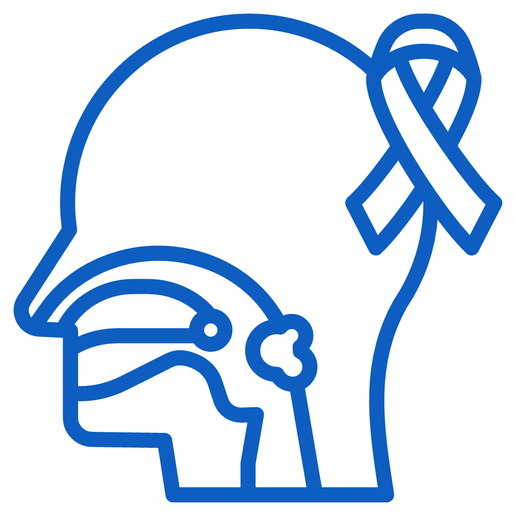Blue line icon of human head in profile with awareness ribbon symbol on shoulder.