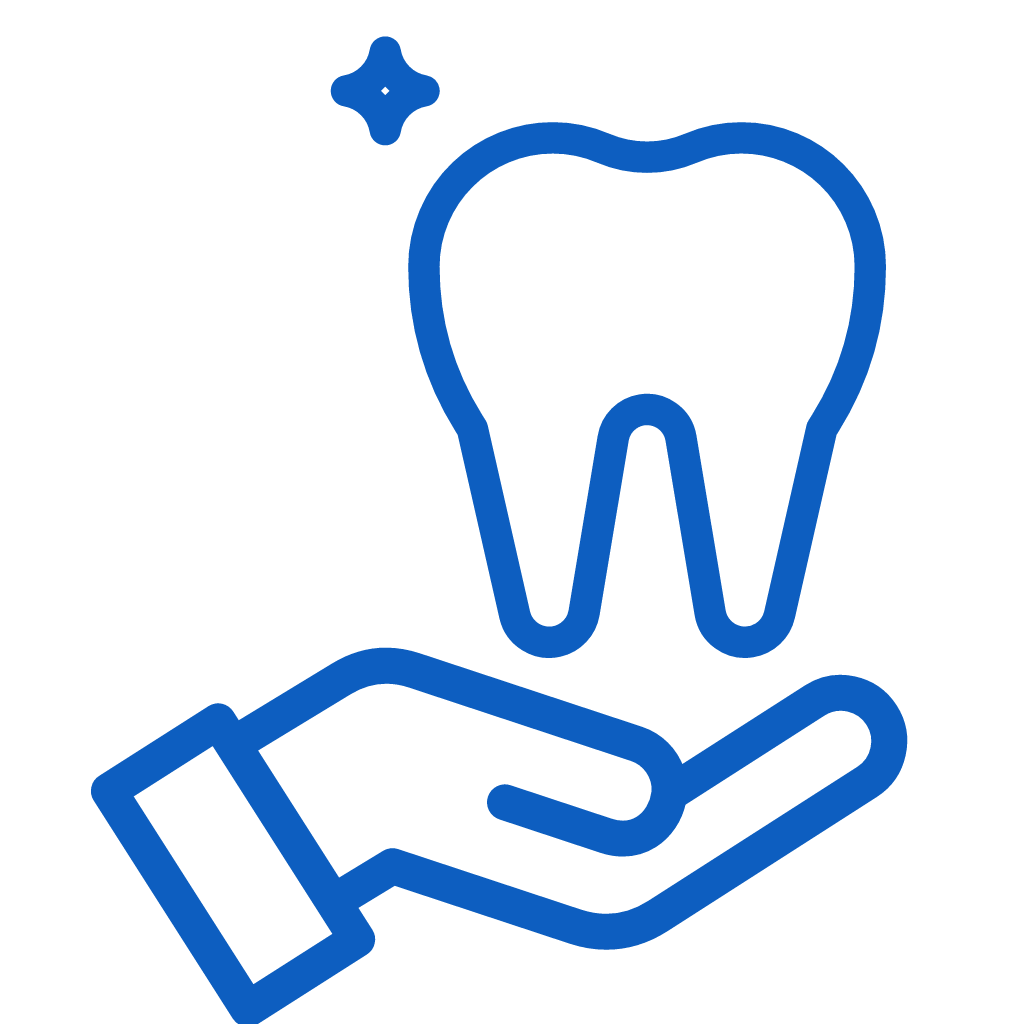 Blue outline icon of open hand holding a tooth with sparkle above.