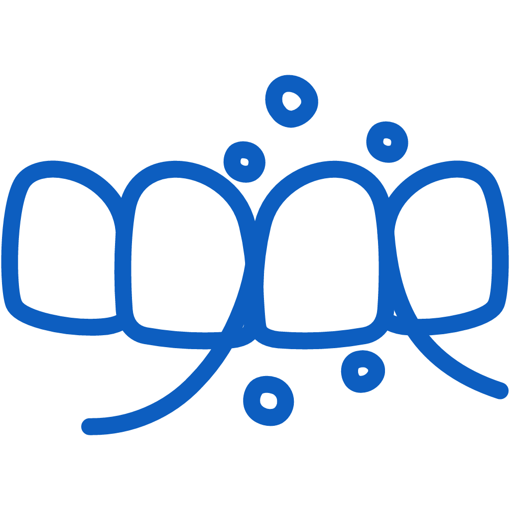 Four blue teeth with dots representing sparkle and shine, symbolizing dental care and a healthy smile.