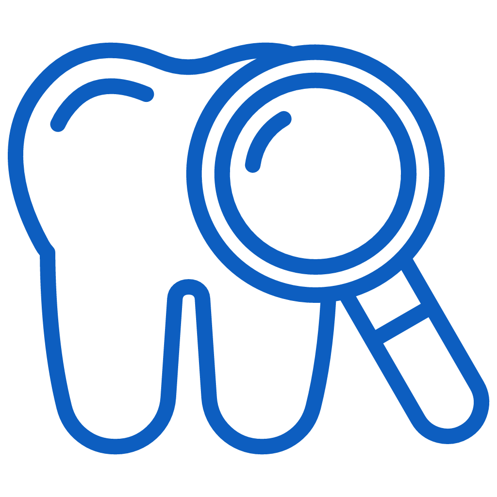Magnifying glass examining a tooth, representing dental inspection and oral health care.