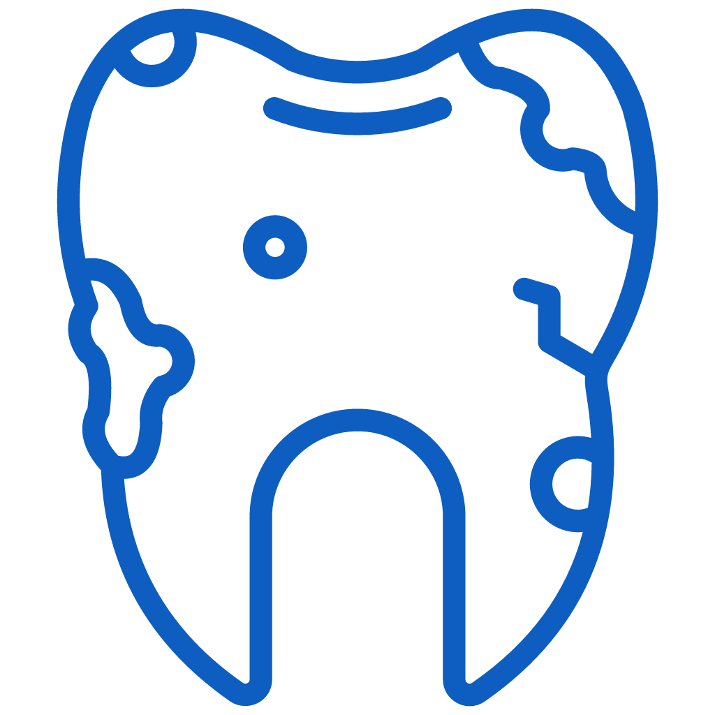 Blue tooth icon with cavities and decay marks representing dental health