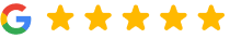 Google logo with five gold stars representing excellent customer rating for Nashua Smile Makers.
