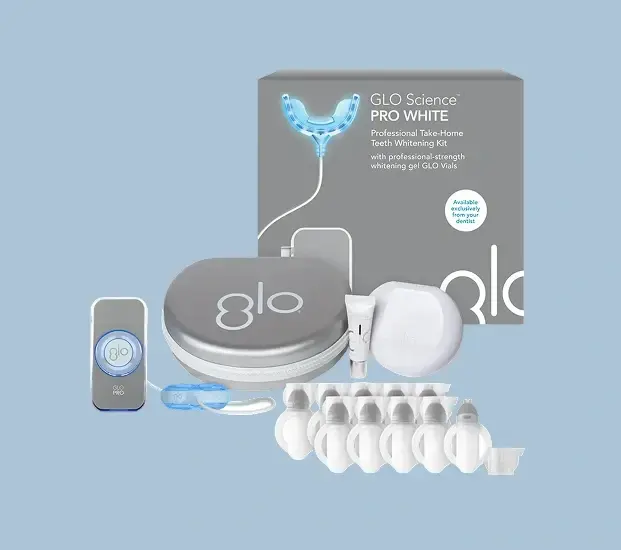 GLO Science PRO WHITE professional teeth whitening kit with LED mouthpiece and accessories.